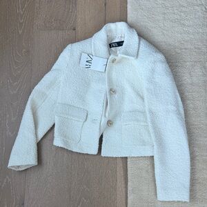 Zara Cream Textured Cropped structured Jacket with gold buttons